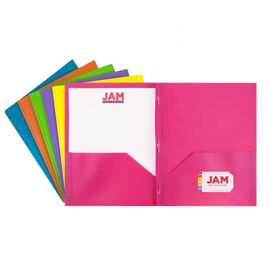 JAM Paper 9.5&#x22; x 11.5&#x22; Assorted Fashion Colors Plastic 2 Pocket School POP Folders with Clasps, 6ct.